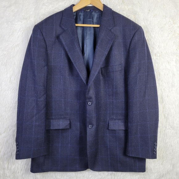45R Brooks Brothers 346 Blue Wool Alpaca Blend Windowpane Blazer Sport Coat - Picture 1 of 15